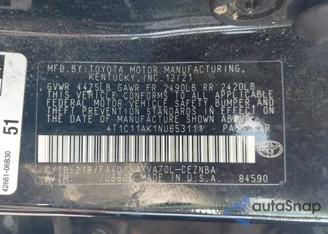 2022 Toyota Camry Le from USA, damaged, VIN 4T1C11AK1NU653111